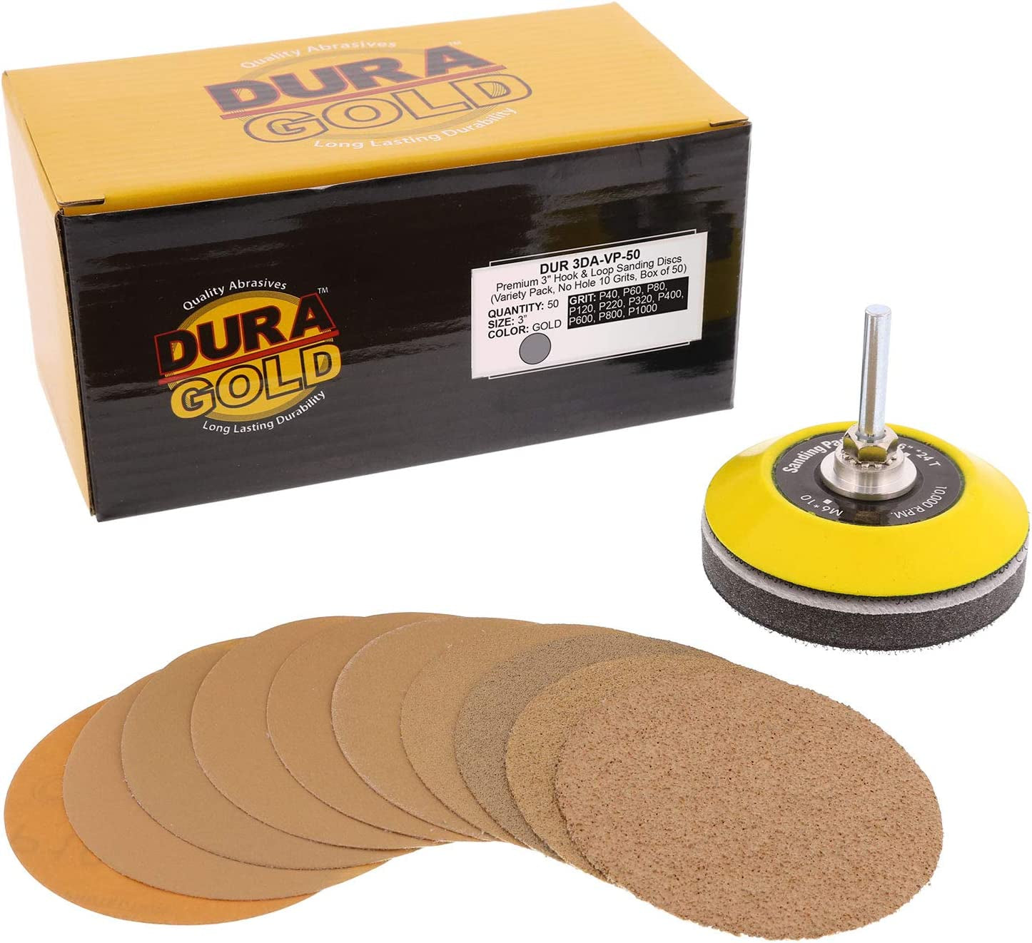 Dura-Gold, Dura-Gold - Premium - Variety Pack (40,60,80,120,220,320,400,600,800,1000) - 3" Gold Hook & Loop Sanding Discs for DA Sanders - Box of 50 Sandpaper Finishing Discs for Automotive and Woodworking