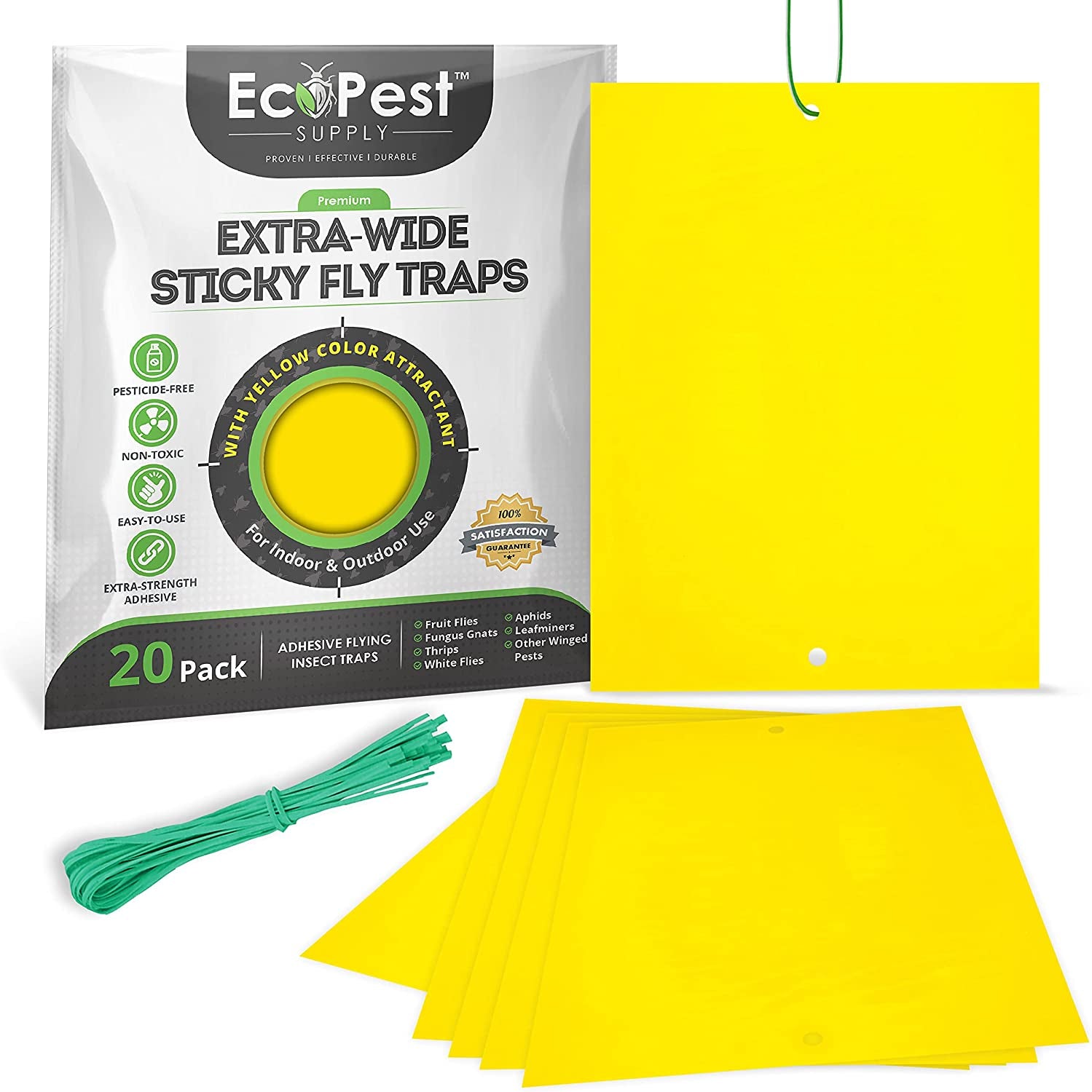 ECOPEST, ECOPEST Sticky Fly Trap – 20 Pack (Extra-Wide) | Yellow Fly Paper Trap and Gnat Sticky Traps for Fruit Flies, Fungus Gnat, and Other Insects | Indoor and Outdoor Flying Insect Trap