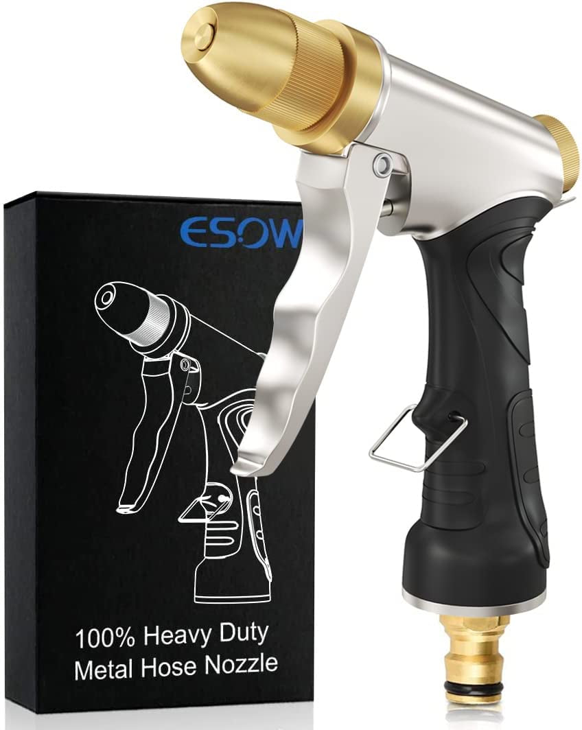 ESOW, ESOW Garden Hose Nozzle 100% Heavy Duty Metal, Full Brass Nozzle & ABS Non-Slip Ergonomic Grip, 4 Watering Patterns, High Pressure Metal Spray Gun for Watering Plants, Car Wash and Showering Dog