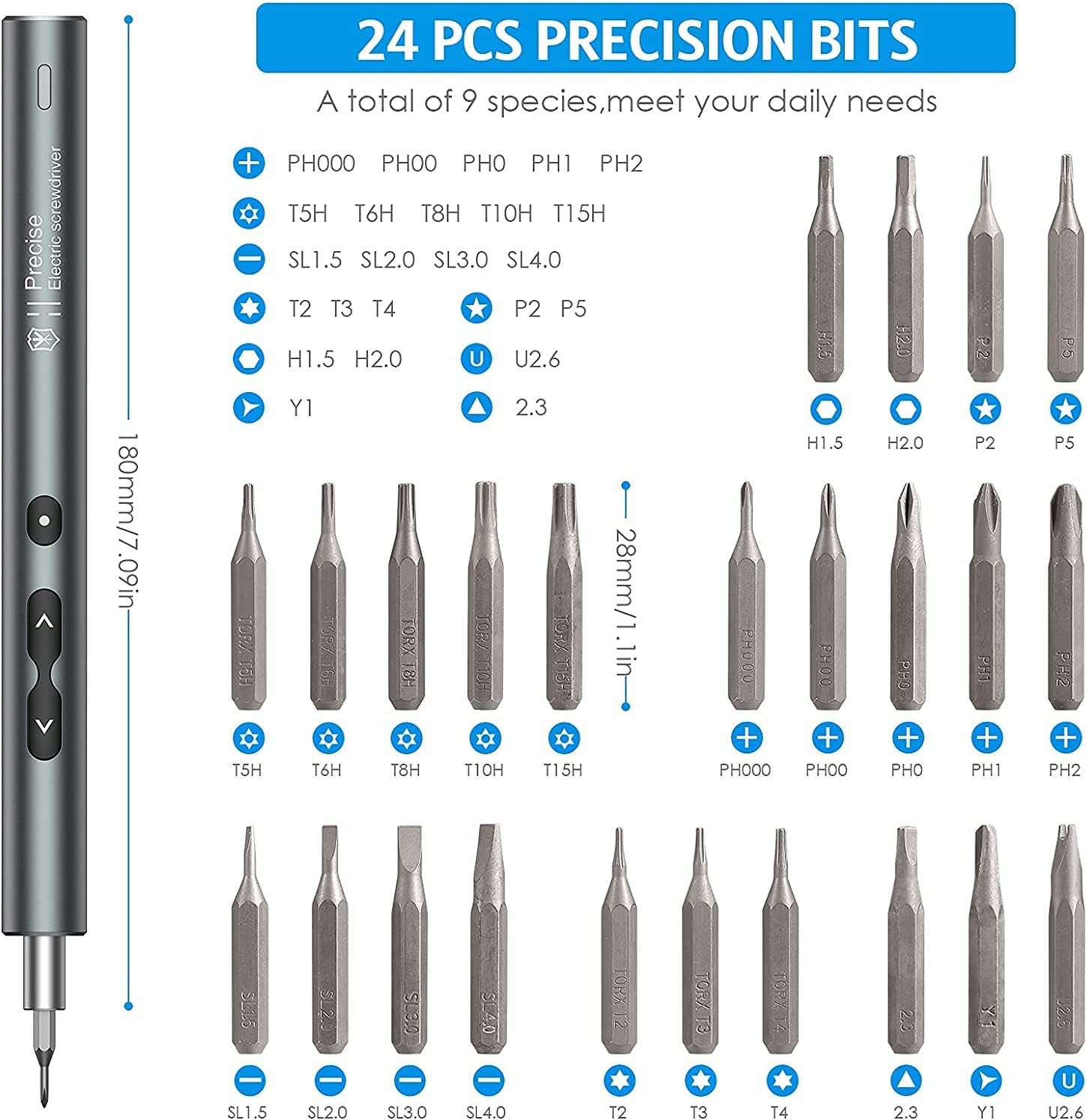 secretgreen.com.au, Electric Screwdriver, 28 in 1 Precision Screwdriver Set with 24 Bits and USB Cable, Portable Magnetic Repair Tool Kit with LED Lights for Phones Watch Jewelers Computers