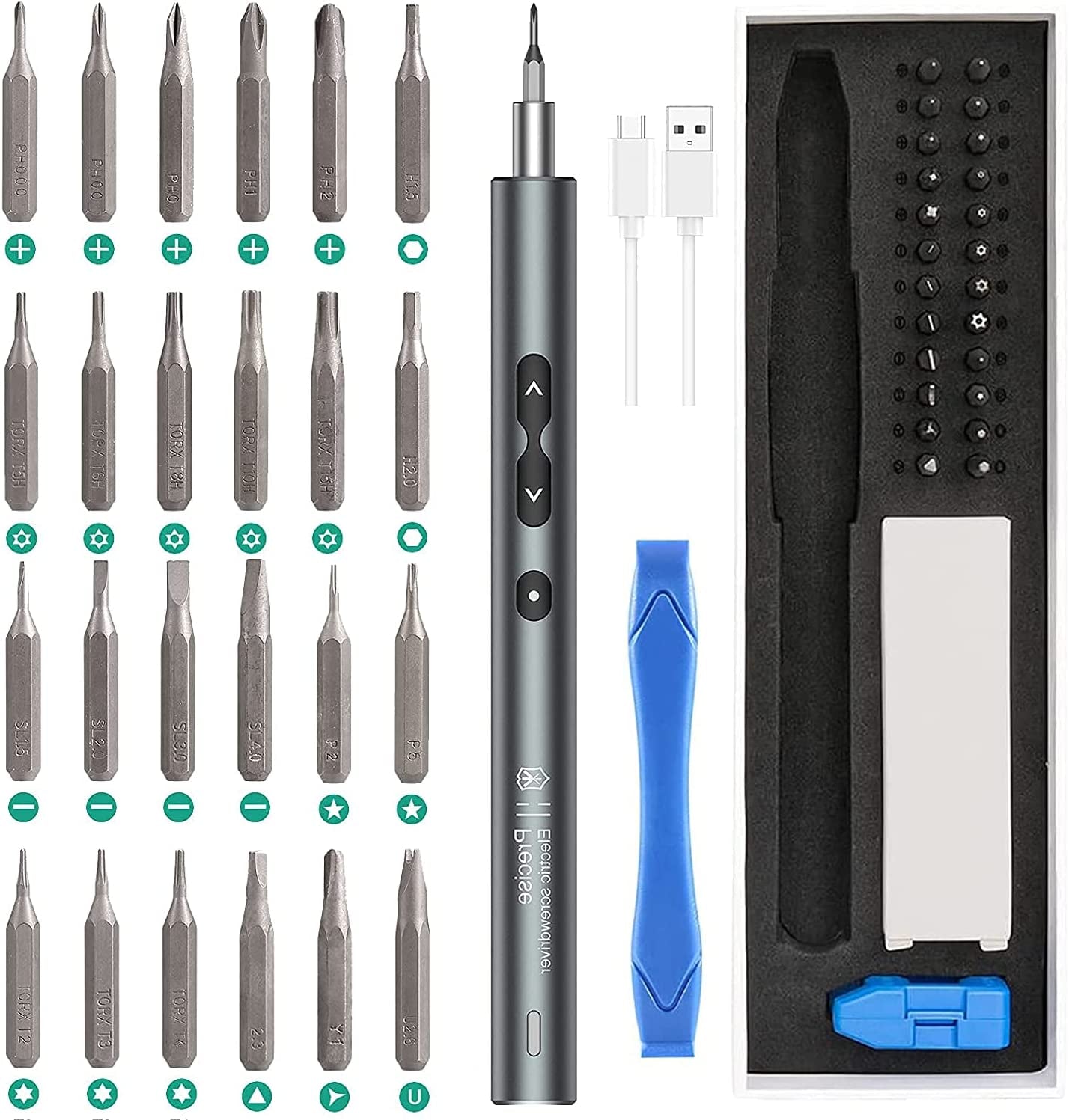 AMIR, Electric Screwdriver, 28 in 1 Precision Screwdriver Set with 24 Bits and USB Cable, Portable Magnetic Repair Tool Kit with LED Lights for Phones Watch Jewelers Computers