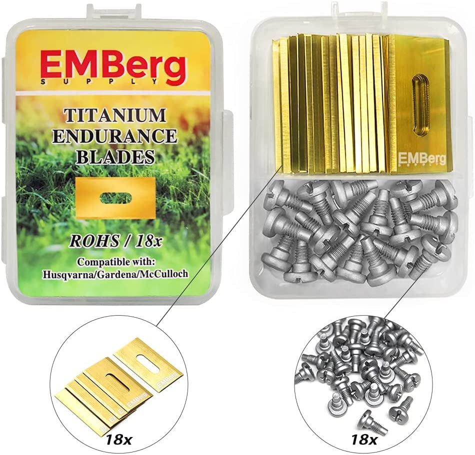 EMBergSupply, Emberg Endurance Blades (18 Pack) for Husqvarna Automower Gardena Mcculloch Robotic Lawnmower Mowing Lawn Mower Robo Robot Accessories Replacement Blade for 315 430 435 450 and Many Others. (Titanium)