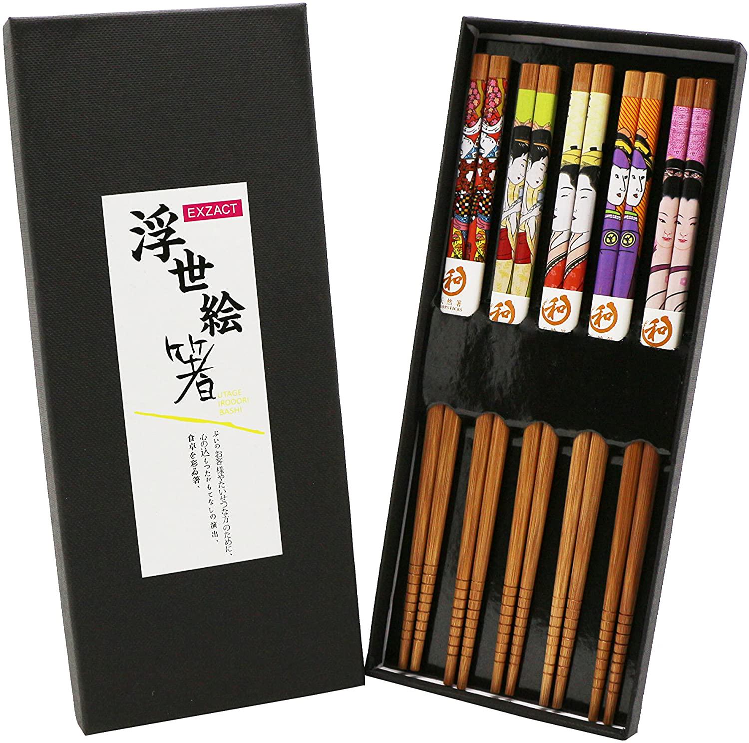 Exzact, (Ex-cs05) - Exzact EX-CS05 Chopsticks Gift Set - 5 Pairs of Reusable Natural Bamboo Chopsticks in a Beautiful Black Handmade Box - Decorated Japanese Style