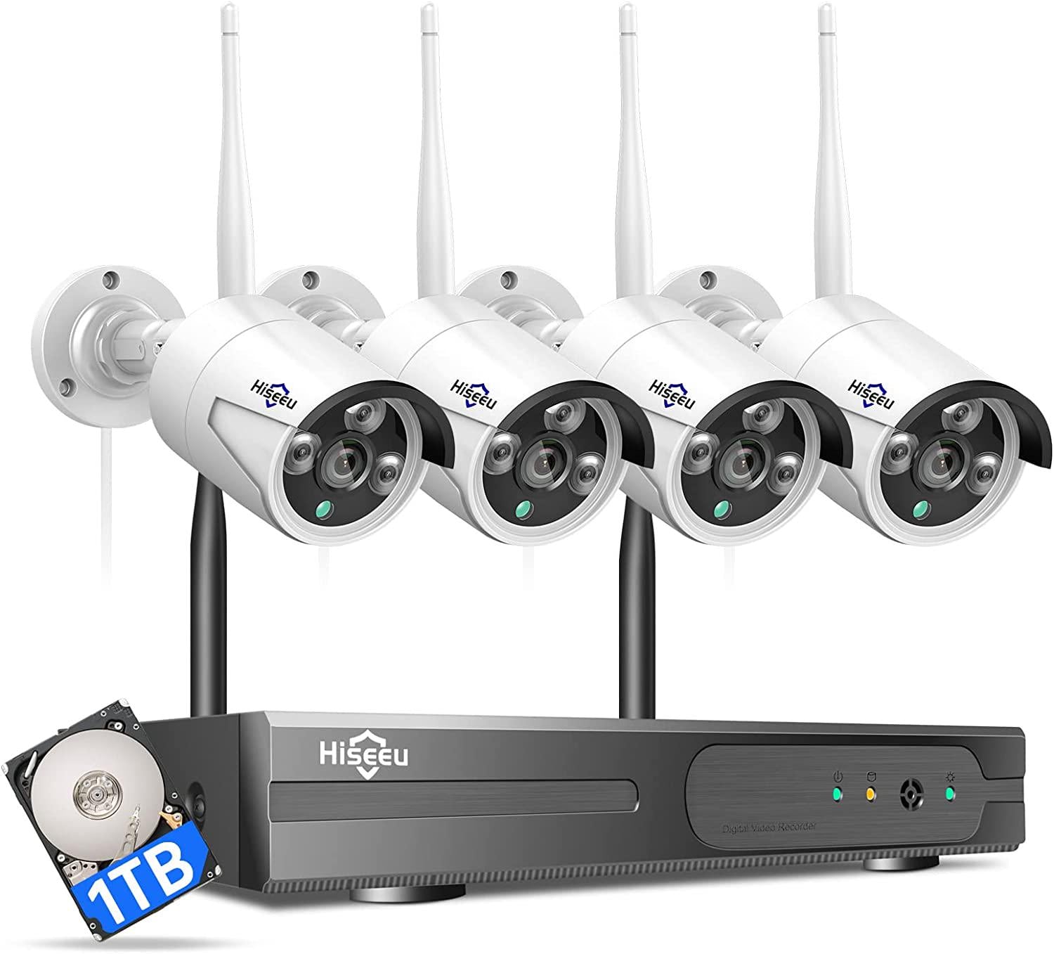 Hiseeu, [Expandable 8CH,2K] Hiseeu Wireless Security Camera System with 1TB Hard Drive with One-Way Audio,8 Channel NVR 4Pcs 1296P 3.0MP Night Vision WiFi Security Surveillance Cameras DC Power Home Outdoor