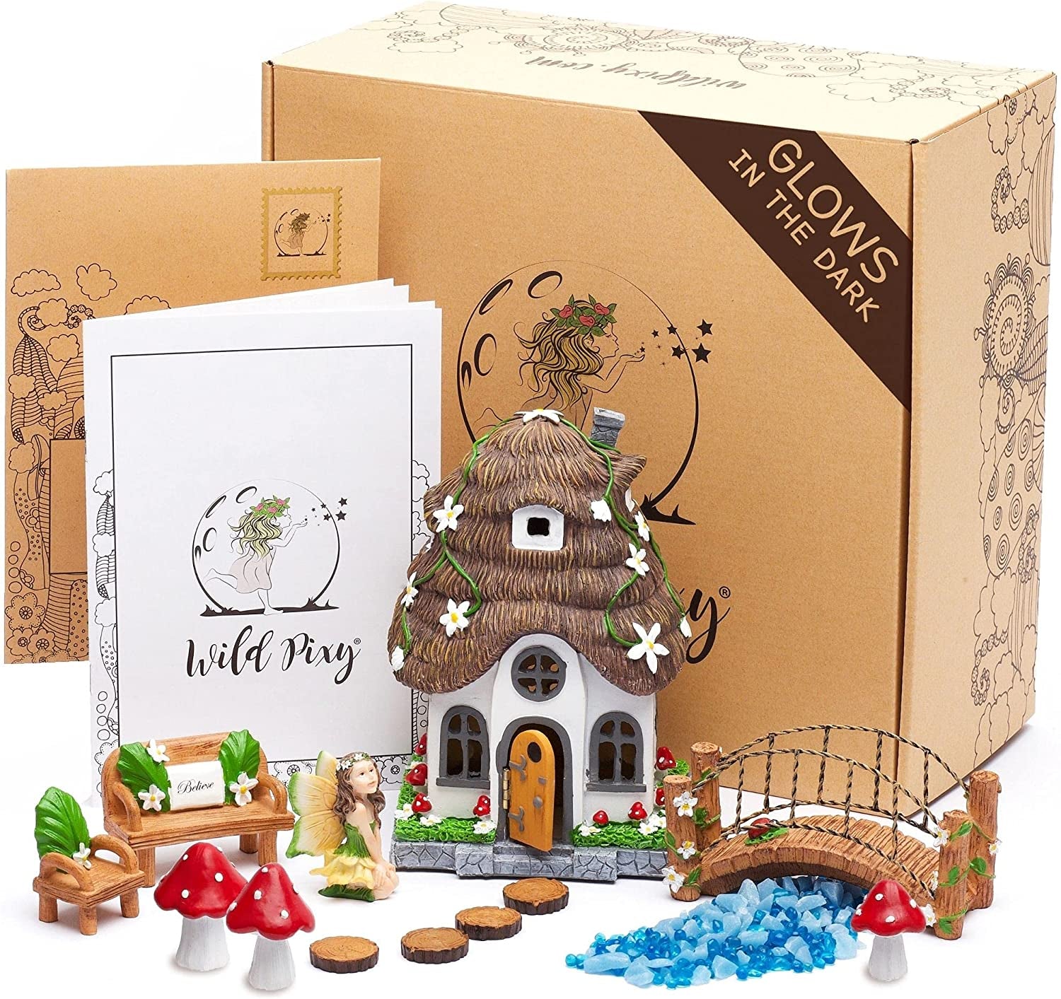 Wild Pixy, Fairy Garden Accessories Kit - Miniature House and Figurine Set for Girls, Boys, Adults - with Magical Glow in the Dark Pebbles and Solar LED Lights
