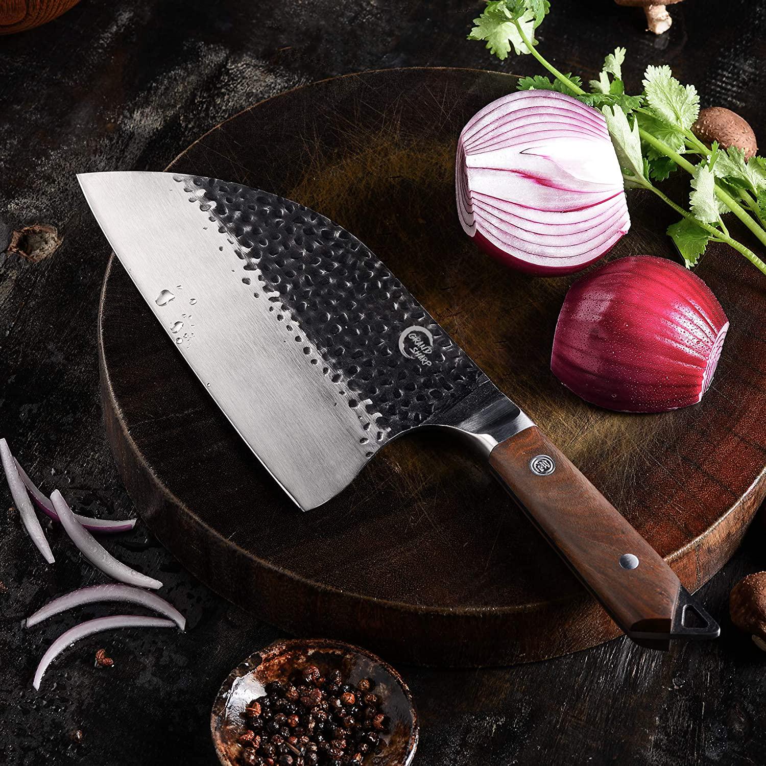 GRAND SHARP, [Full Tang]Butcher Knife Handmade Forged Kitchen Chef Knife Grandsharp Pro Razor Sharp Serbian Clad Steel Meat Vegetable Chopping Cutting Cleaver with Leather Knife Sheath