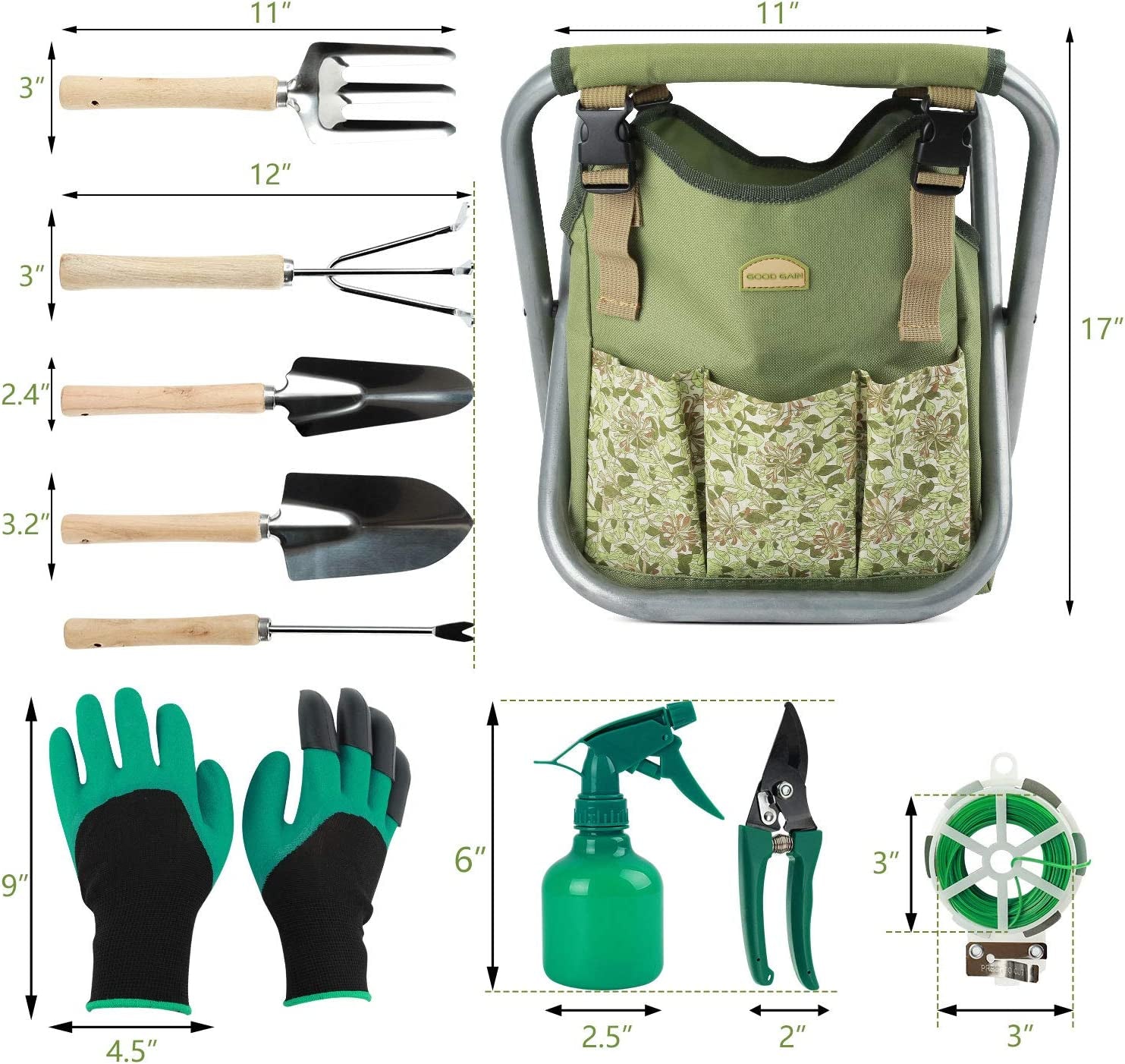 G GOOD GAIN, GOOD GAIN Garden Tools Stool, 12 Pcs Gardening Hand Tools Set with Folding Chair Seat and Garden Storage Tote Bag, Garden Tools Carrier, Digging, Gardening Gifts Set for Mom/Dad and Gardeners. Honeysuckle