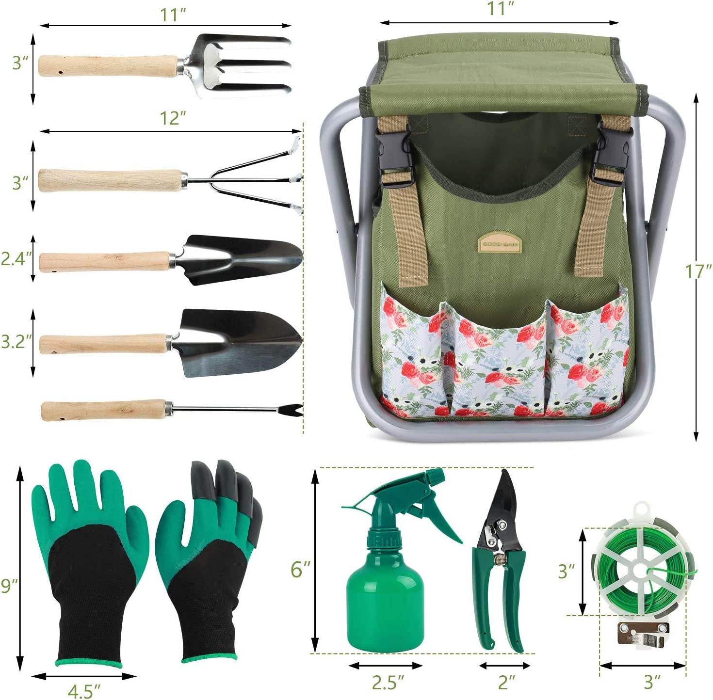 G GOOD GAIN, Good GAIN Garden Tools Stool, 12 Pcs Gardening Hand Tools Set with Folding Chair Seat and Garden Storage Tote Bag, Garden Tools Carrier, Digging, Gardening Gifts Set for Mom/Dad and Gardeners. Rose