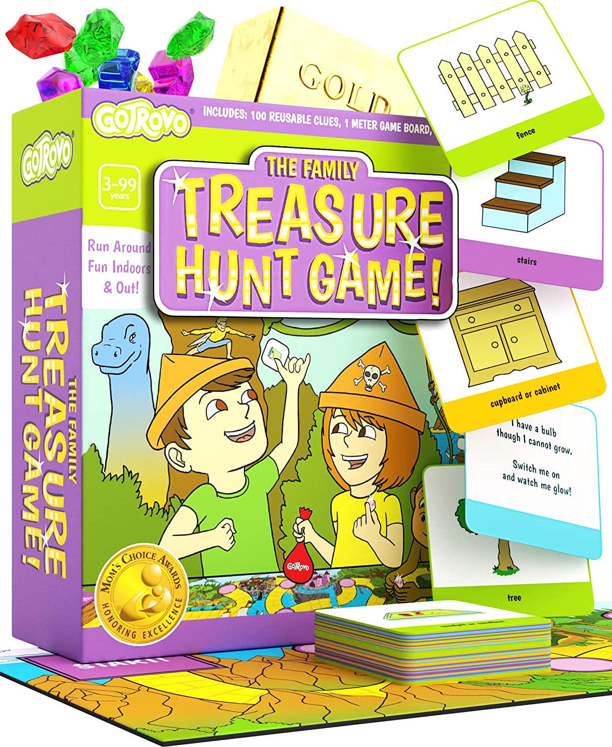 Gotrovo, (Gotrovo Standard) - Gotrovo Treasure Hunt Game Indoor Outdoor DIY Educational Activity for Kids Pirate and Scavenger Hunt Learn through Fun - 100 Clue Cards, Treasure Map, Treasure Bar, Gold Coins and Loot Bag